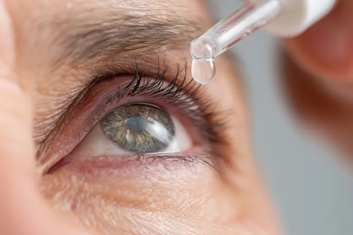 Eye drops being applied to a patient’s eye