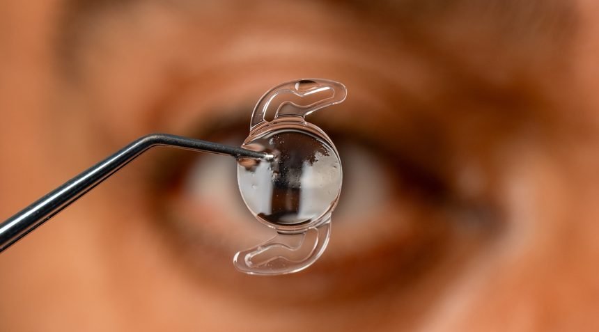 An intraocular lens held on forceps in front of a patient’s eye