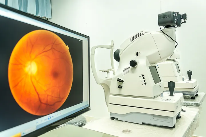 A retinal scan displayed on a screen beside a fundus camera