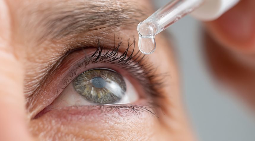 Eye drops being applied to a patient’s eye