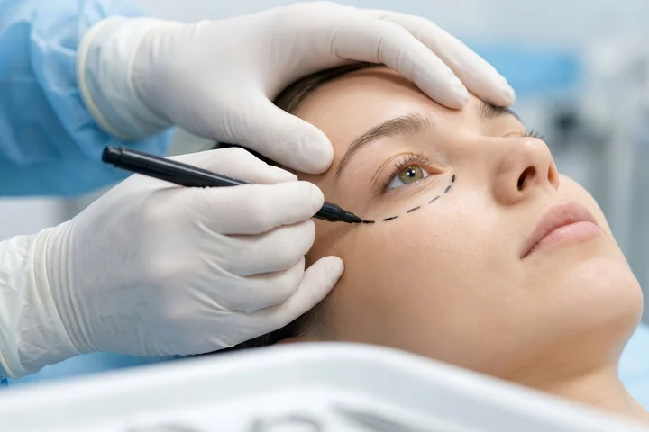 A surgeon marking the lower eyelid before oculoplastic surgery