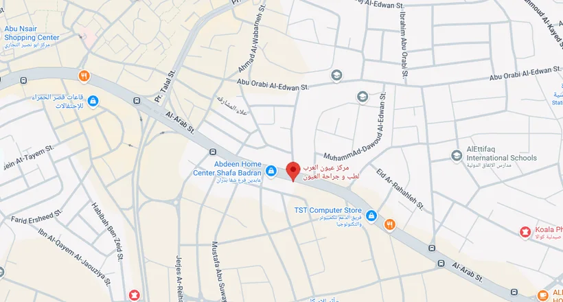 Map showing Arab Eyes Center on Al-Arab Street, Shafa Badran, Amman